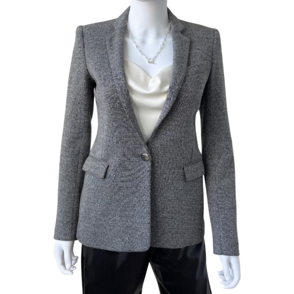 Theory Wool Blend Blazer Gray Single Button Tailored Fitted Jacket Size 0 Work